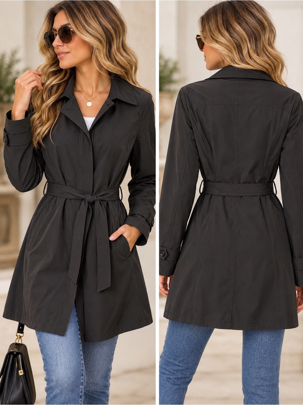 London Fog Women's Classic Black Trench Coat with Patterned Lining